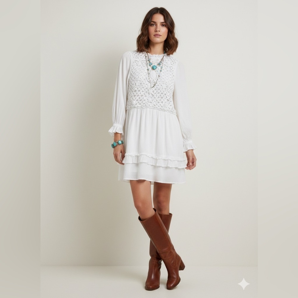SAYLOR Felice Crochet Long Sleeve Mini Dress True White Size XS